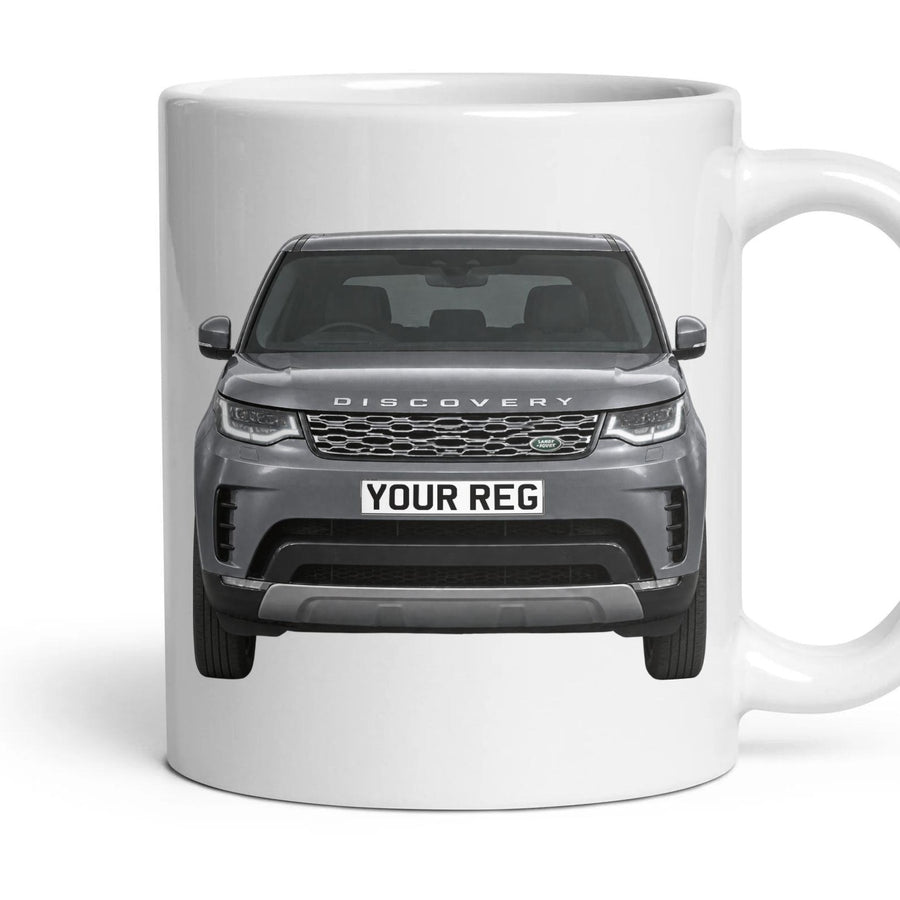 Land Rover Discovery Personalised Number Plate Mug - Eiger Grey - Front & Rear mug, 11oz white ceramic, Eiger Grey, handle right