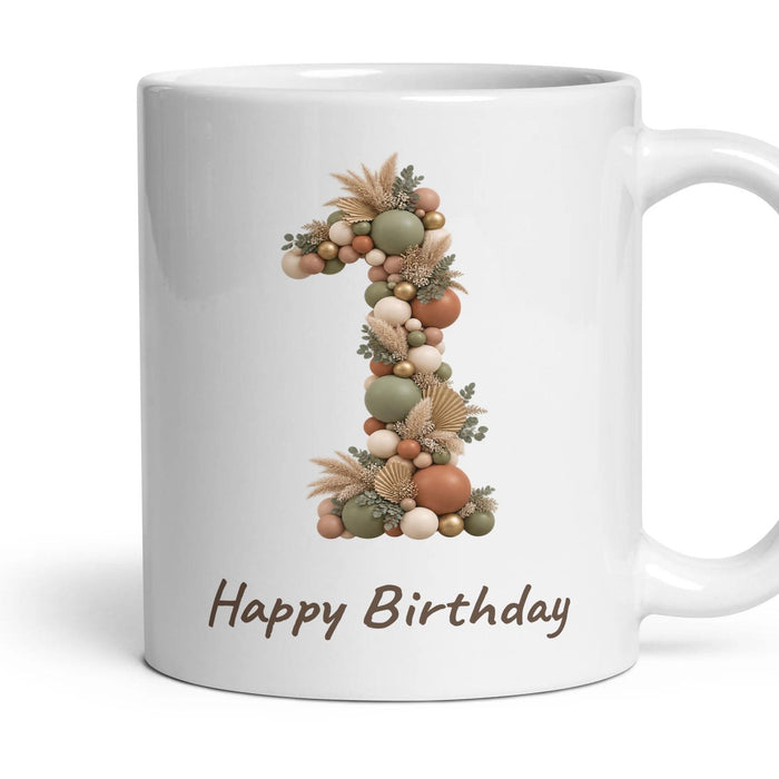 Boho Sage Balloon Birthday Mug mug, 11oz white ceramic, 1st, handle right