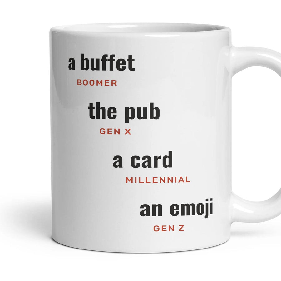 Leaving do: a buffet, the pub, a card, an emoji mug, 11oz white ceramic, handle right