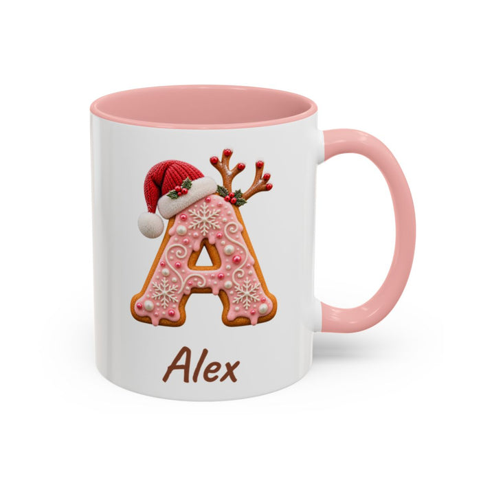 Personalised Gingerbread Monogram Mug mug, 11oz white ceramic, pink handle and interior, handle right
