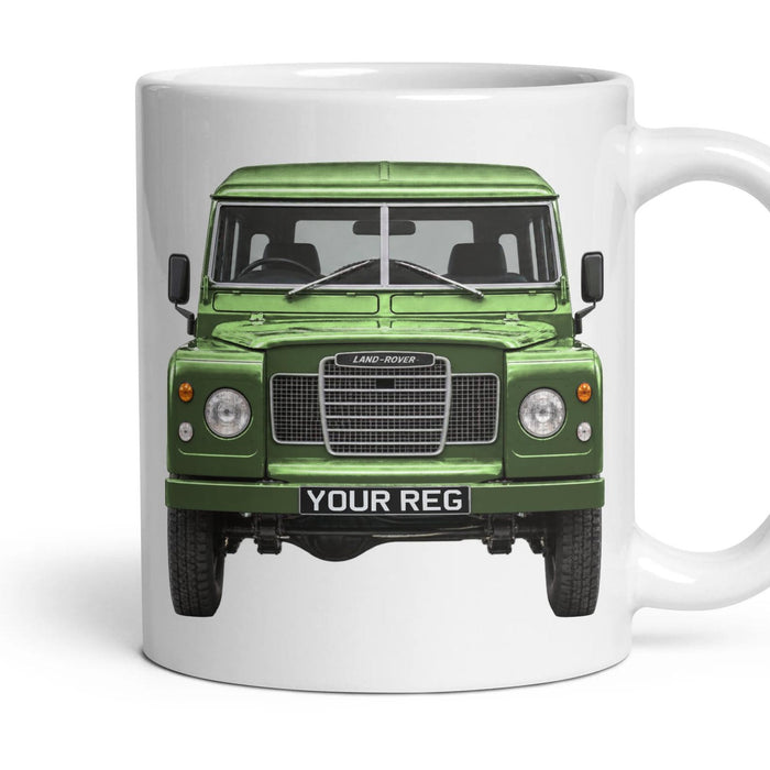 Land Rover Series III Personalised Number Plate Mug - Bronze Green - Front & Rear mug, 11oz white ceramic, Bronze Green, handle right