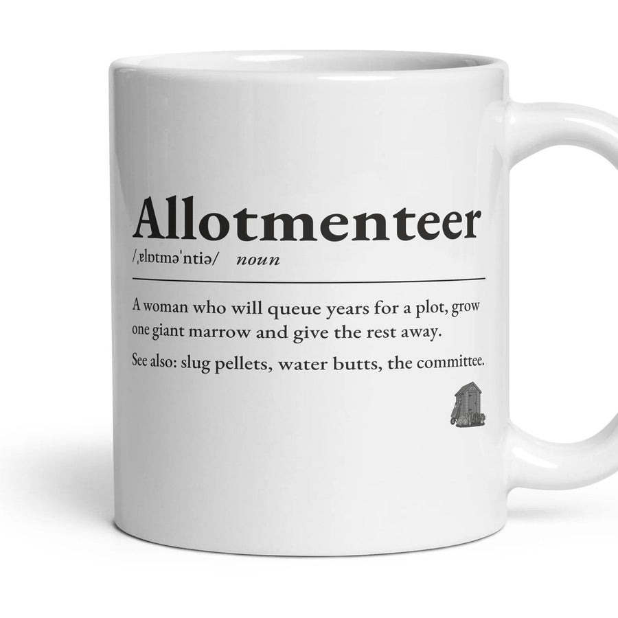 Allotment Nana mug, 11oz white ceramic, handle right