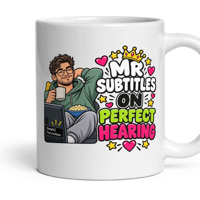 Mr Subtitles On Perfect Hearing mug, 11oz white ceramic, handle right