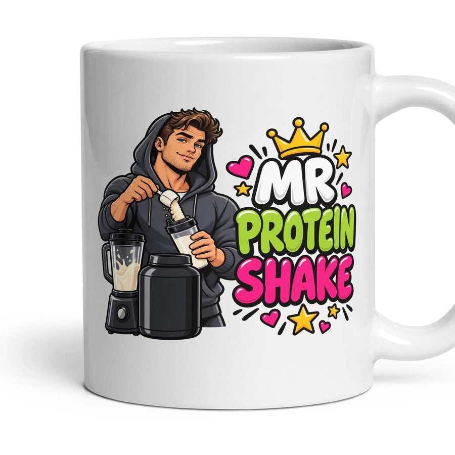 Mr Protein Shake mug, 11oz white ceramic, handle right