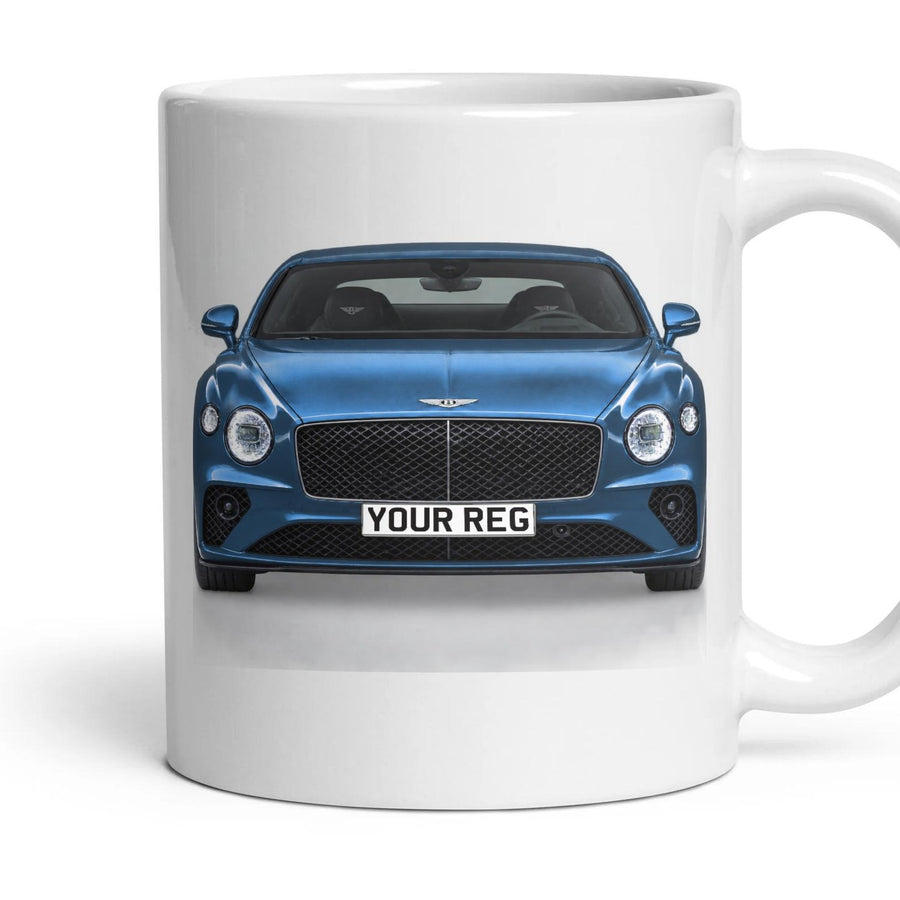 Bentley Continental GT Personalised Number Plate Mug - Windsor Blue - Front & Rear mug, 11oz white ceramic, Windsor Blue, handle right