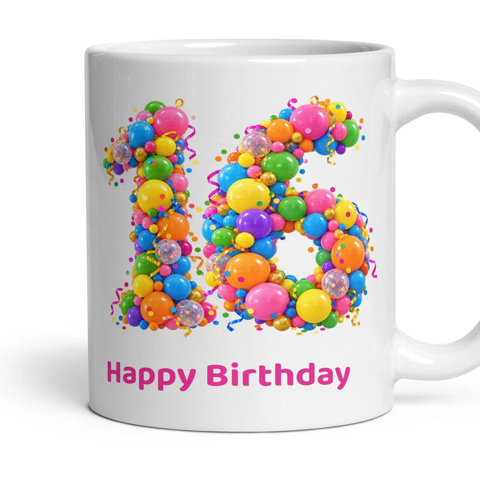 Party Balloon Birthday Mug mug, 11oz white ceramic, 16th, handle right