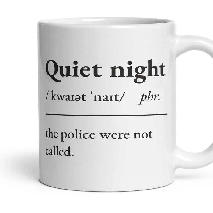 Quiet night mug, 11oz white ceramic, handle right