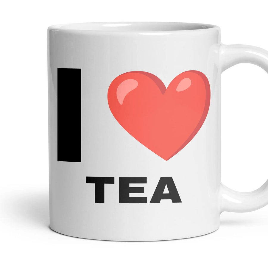 I LOVE TEA mug, 11oz white ceramic, handle right