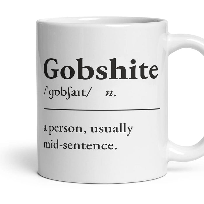 Gobshite mug, 11oz white ceramic, handle right