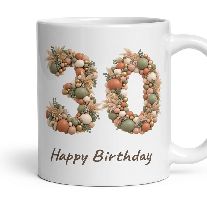 Boho Sage Balloon Birthday Mug mug, 11oz white ceramic, 30th, handle right