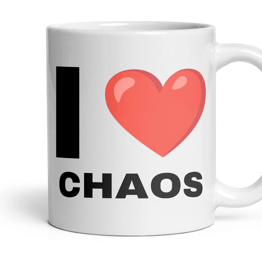I LOVE CHAOS mug, 11oz white ceramic, handle right