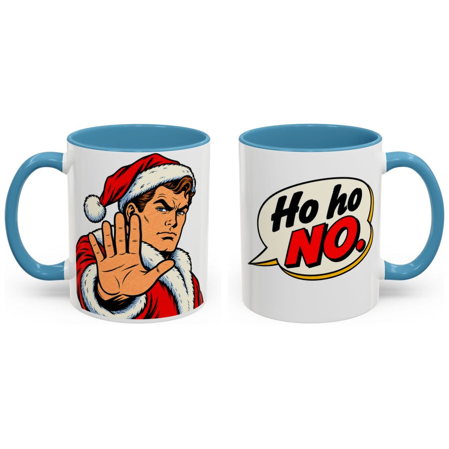Ho ho NO. mug, 11oz white ceramic, light blue handle and interior, handle right