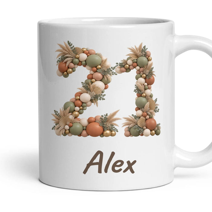 Personalised 21st Birthday Balloon Mug mug, 11oz white ceramic, Boho Sage & Terracotta, handle right