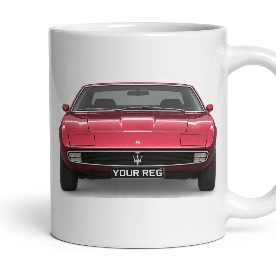 Maserati Ghibli AM115 Personalised Number Plate Mug - Amaranto - Front & Rear mug, 11oz white ceramic, Amaranto, handle right