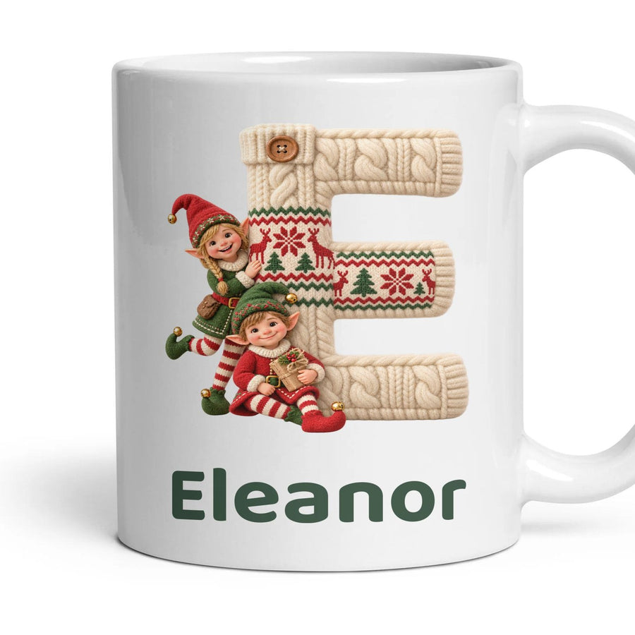 Personalised Christmas Elf Monogram Mug mug, 11oz white ceramic, handle right