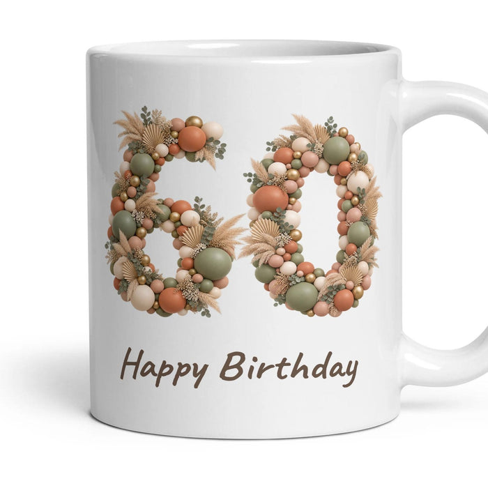 Boho Sage Balloon Birthday Mug mug, 11oz white ceramic, 60th, handle right