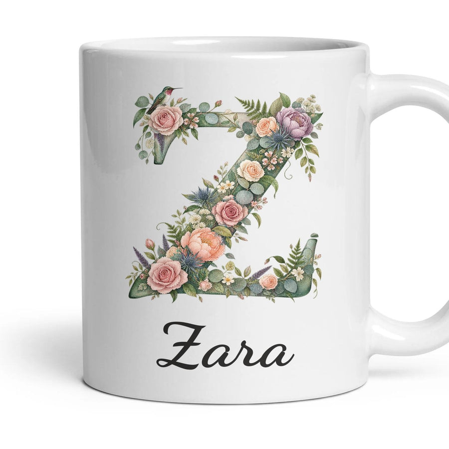 Personalised Floral Monogram Mug mug, 11oz white ceramic, handle right