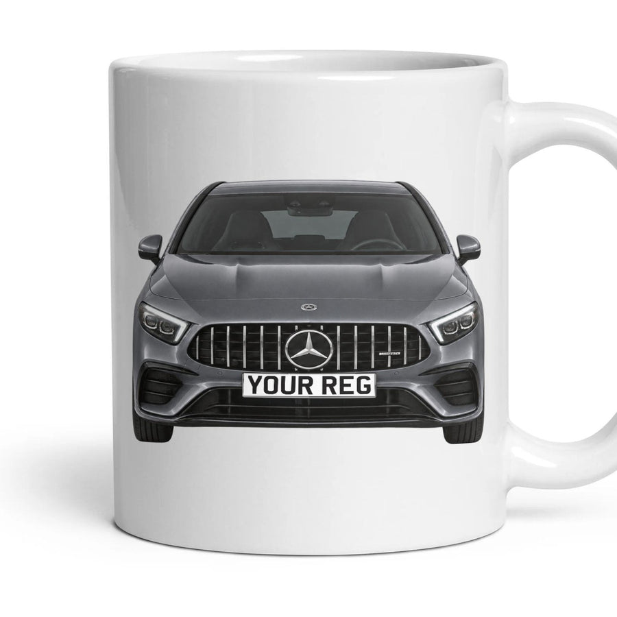 Mercedes-AMG A35 Personalised Number Plate Mug - Mountain Grey - Front & Rear mug, 11oz white ceramic, Mountain Grey, handle right