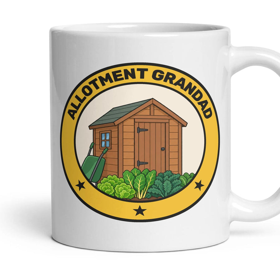 Allotment Grandad mug, 11oz white ceramic, handle right