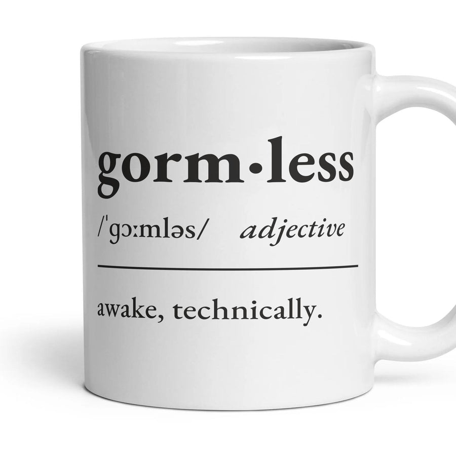 Gormless mug, 11oz white ceramic, handle right