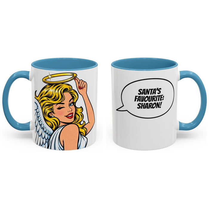 SANTA'S FAVOURITE: [Name]! mug, 11oz white ceramic, light blue handle and interior, handle right