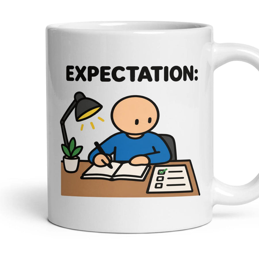 Working Late mug, 11oz white ceramic, handle right
