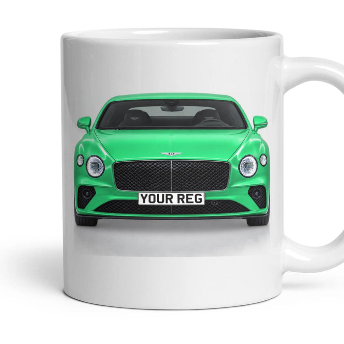 Bentley Continental GT Personalised Number Plate Mug - British Racing Green - Front & Rear mug, 11oz white ceramic, British Racing Green, handle right