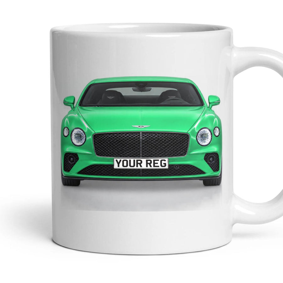 Bentley Continental GT Personalised Number Plate Mug - British Racing Green - Front & Rear mug, 11oz white ceramic, British Racing Green, handle right