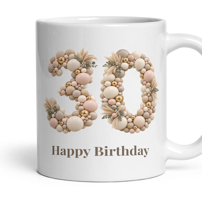 Neutral Garland Balloon Birthday Mug mug, 11oz white ceramic, 30th, handle right
