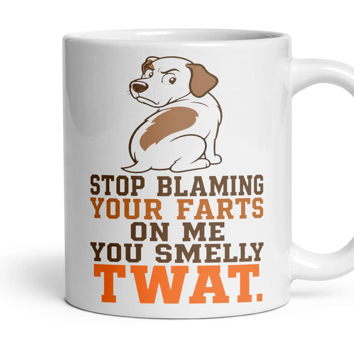 STOP BLAMING YOUR FARTS ON ME YOU SMELLY TWAT. mug, 11oz white ceramic, handle right