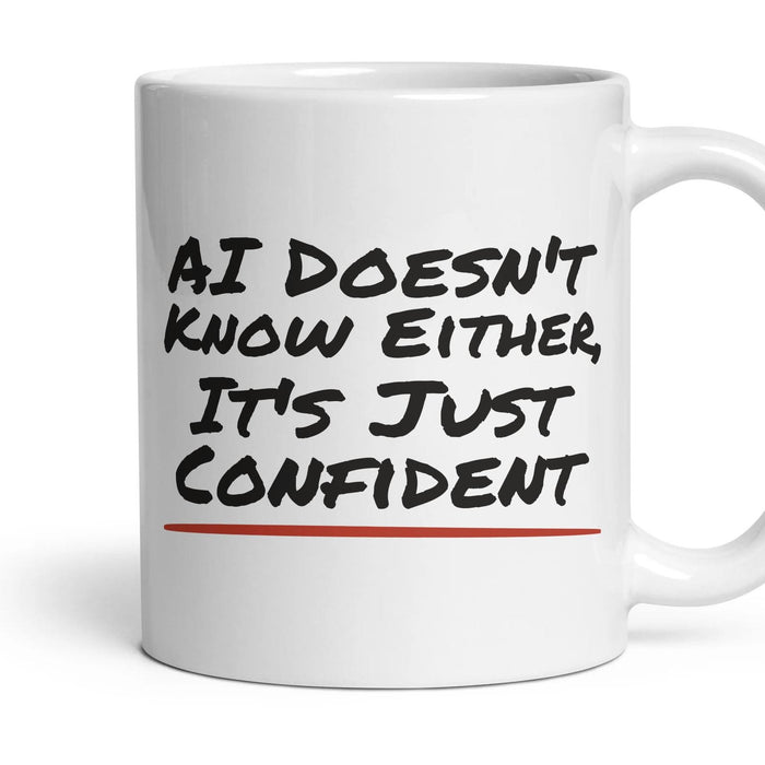 AI Doesn't Know Either, It's Just Confident mug, 11oz white ceramic, handle right