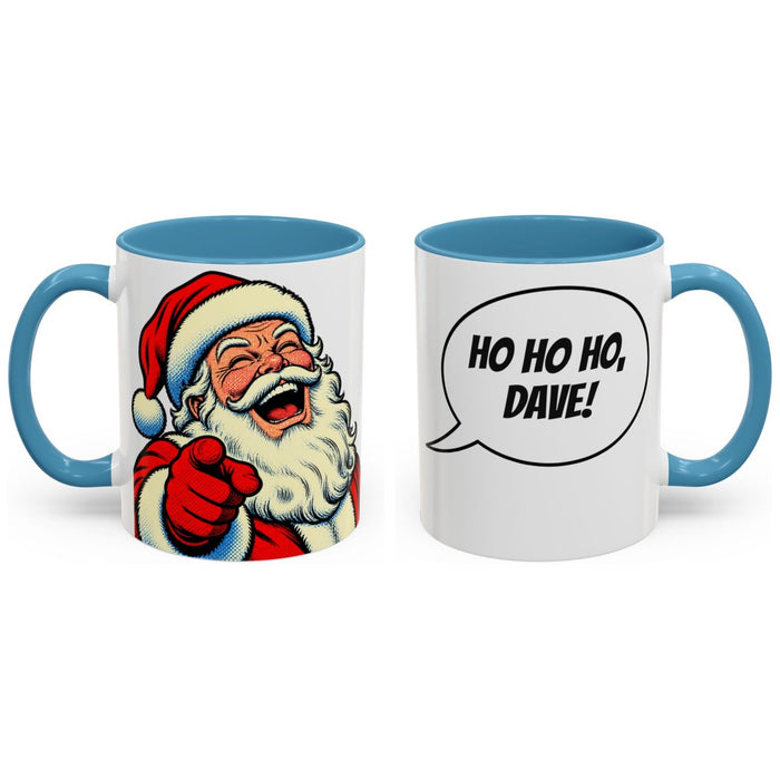 HO HO HO, [Name]! mug, 11oz white ceramic, light blue handle and interior, handle right