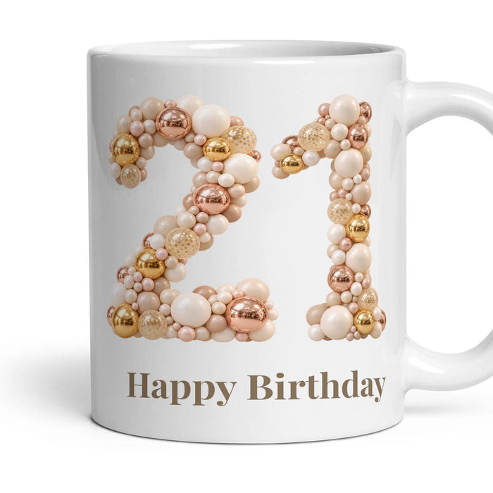 Chrome & Ivory Balloon Birthday Mug mug, 11oz white ceramic, 21st, handle right