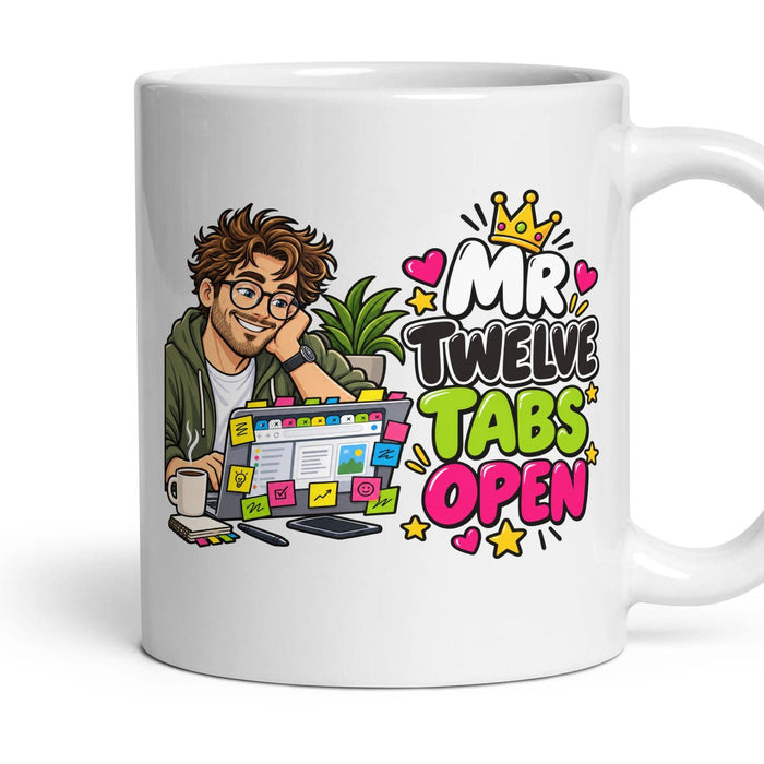 Mr Twelve Tabs Open mug, 11oz white ceramic, handle right