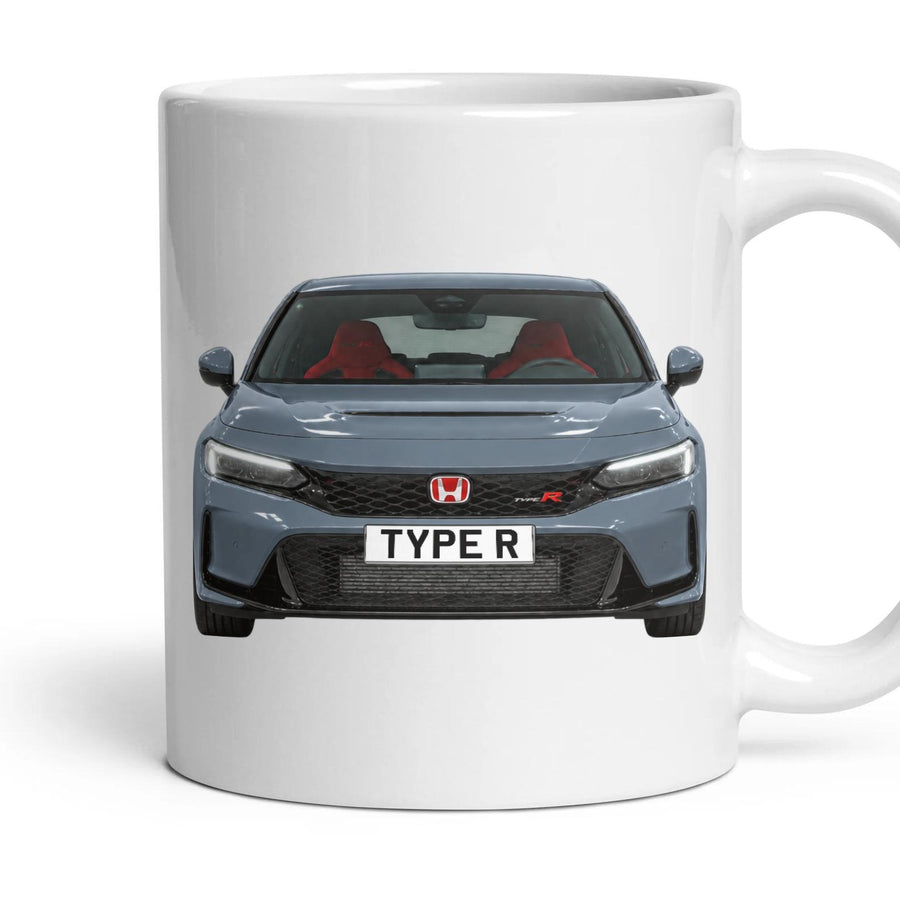 Honda Civic Type R Number Plate Mug - Sonic Grey Pearl - Front & Rear mug, 11oz white ceramic, Sonic Grey Pearl, handle right