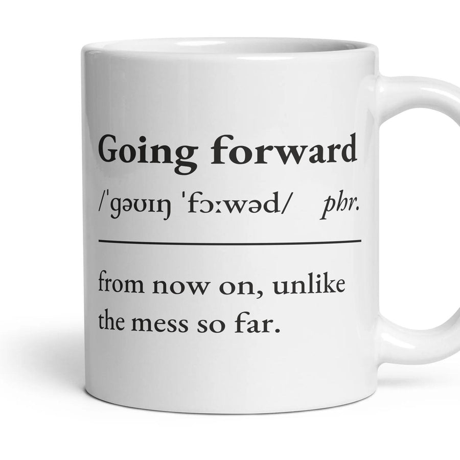 Going forward mug, 11oz white ceramic, handle right
