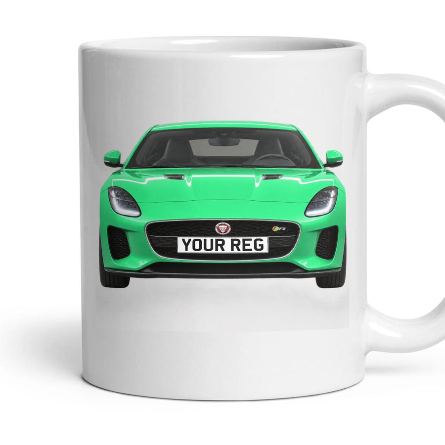 Jaguar F-Type Personalised Number Plate Mug - British Racing Green - Front & Rear mug, 11oz white ceramic, British Racing Green, handle right