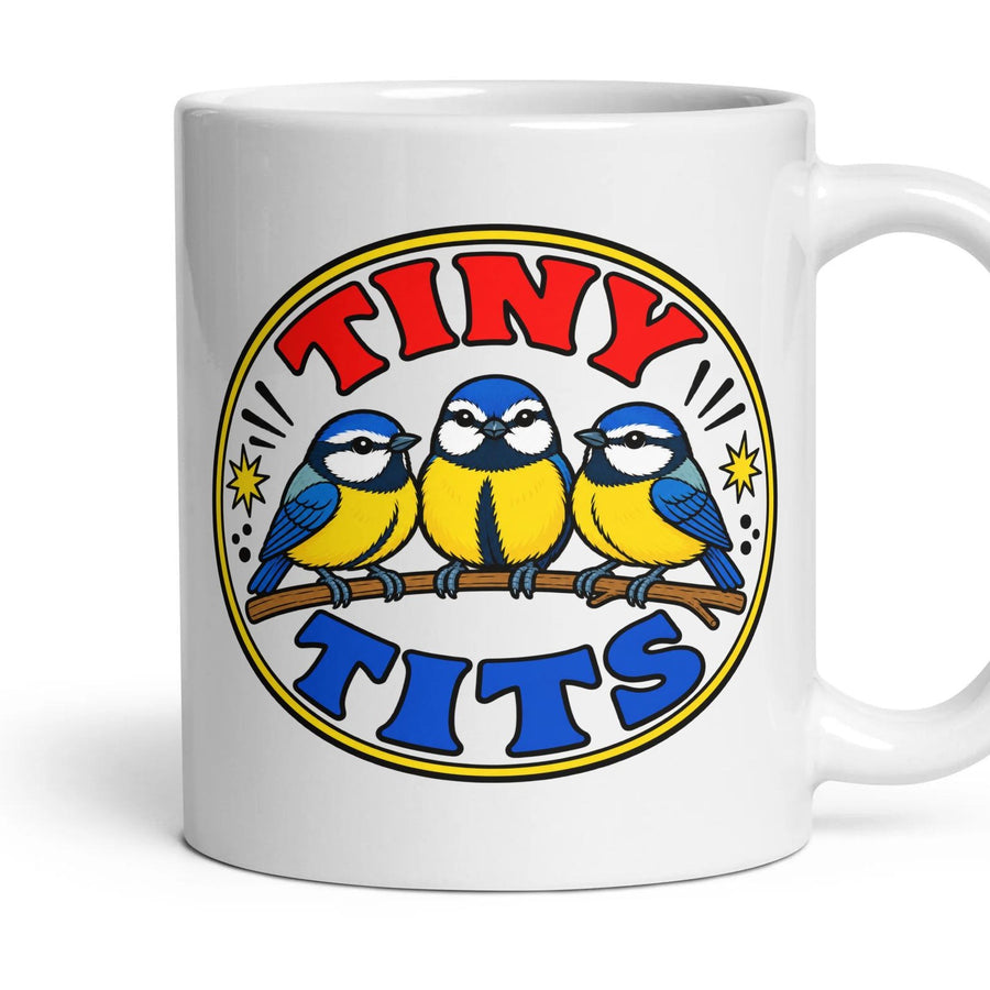 TINY TITS mug, 11oz white ceramic, handle right