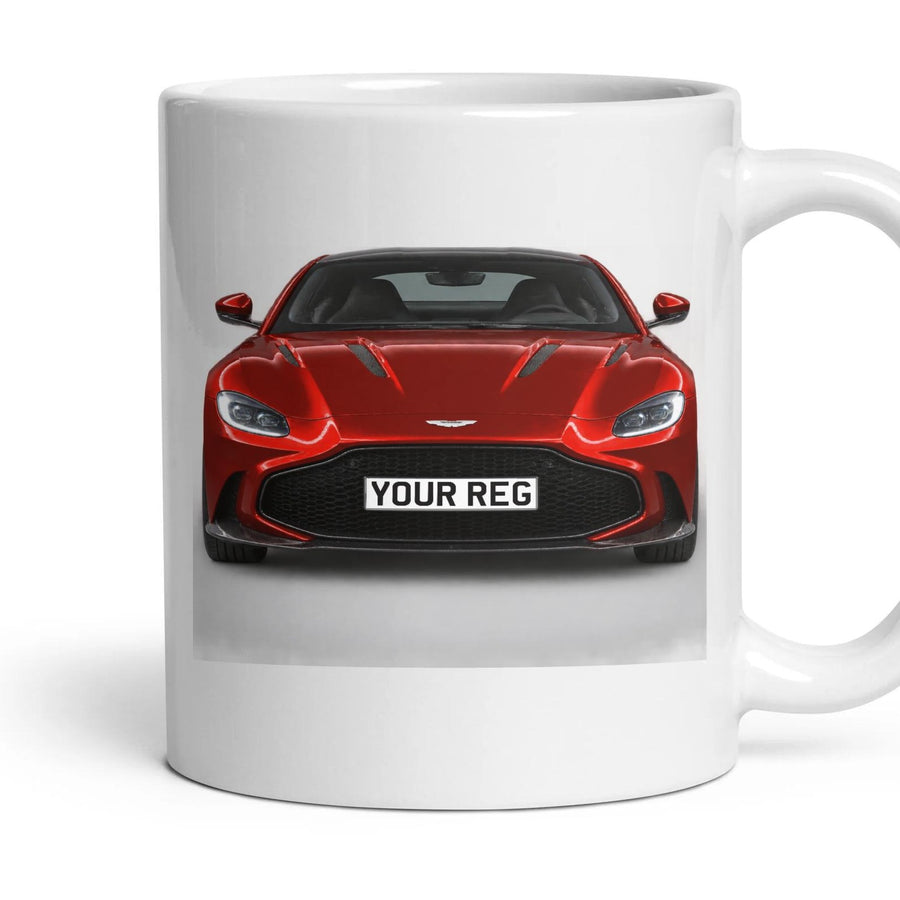 Aston Martin Vantage Personalised Number Plate Mug - Hyper Red - Front & Rear mug, 11oz white ceramic, Hyper Red, handle right