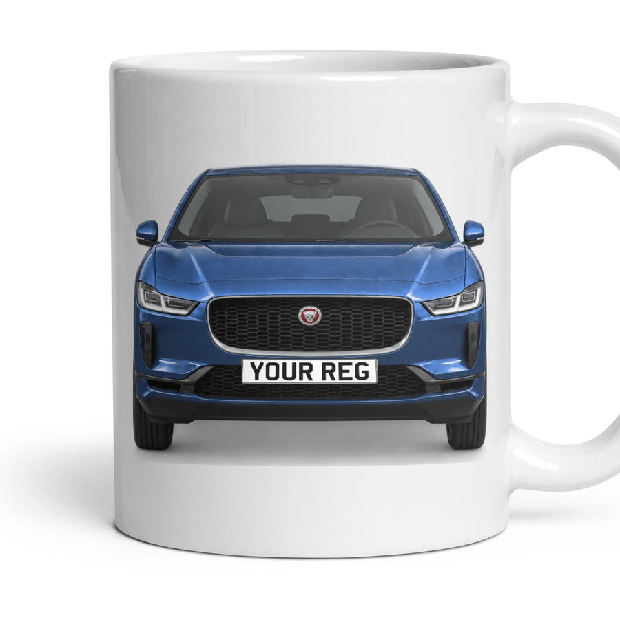 Jaguar I-Pace Personalised Number Plate Mug - Caesium Blue Metallic - Front & Rear mug, 11oz white ceramic, Caesium Blue Metallic, handle right