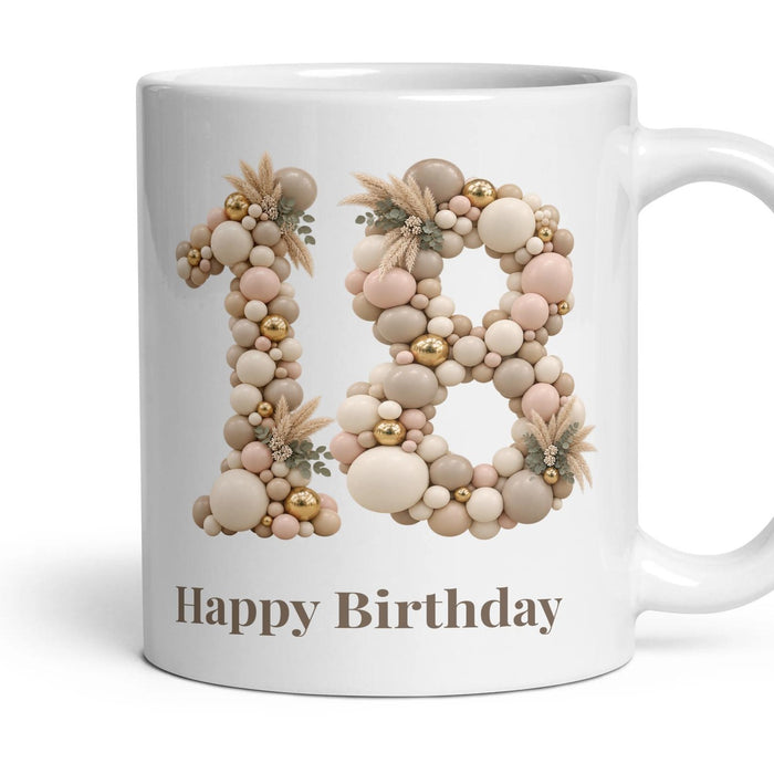 Neutral Garland Balloon Birthday Mug mug, 11oz white ceramic, 18th, handle right