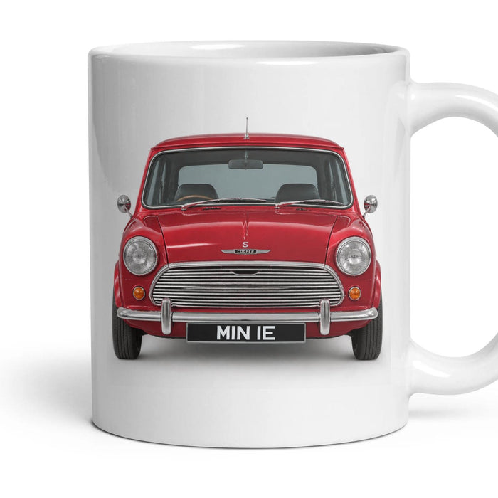 Classic Mini Cooper S Number Plate Mug - Tartan Red - Front & Rear mug, 11oz white ceramic, Tartan Red, handle right