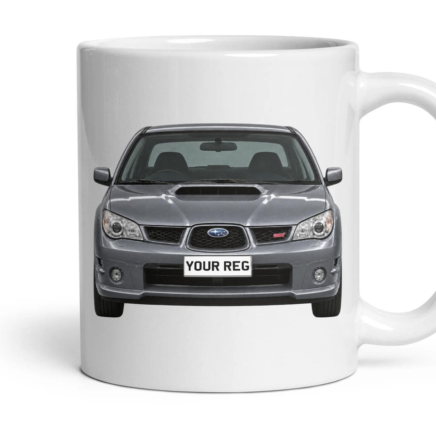 Subaru Impreza WRX STI Personalised Number Plate Mug - Crystal Gray Metallic - Front & Rear mug, 11oz white ceramic, Crystal Gray Metallic, handle right