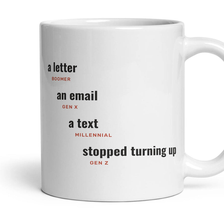 Resigning: a letter, an email, a text, stopped turning up mug, 11oz white ceramic, handle right