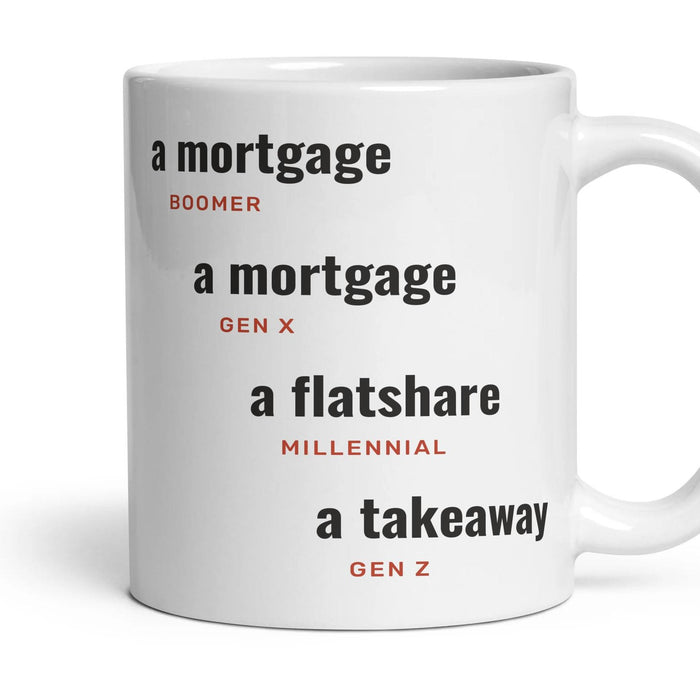 At 25: a mortgage, a mortgage, a flatshare, a takeaway mug, 11oz white ceramic, handle right