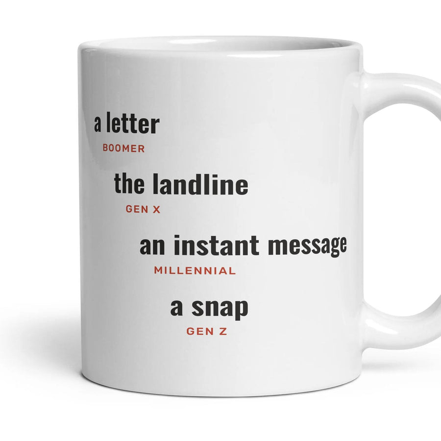 Keeping in touch: a letter, the landline, an instant message, a snap mug, 11oz white ceramic, handle right