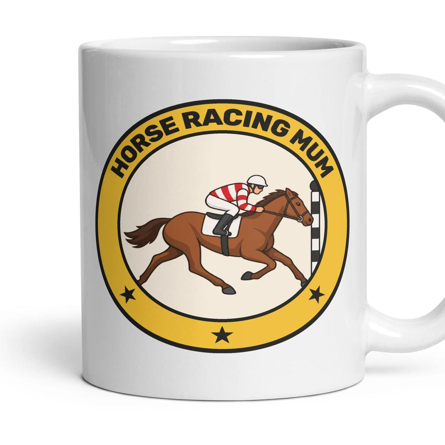 Horse Racing Mum mug, 11oz white ceramic, handle right