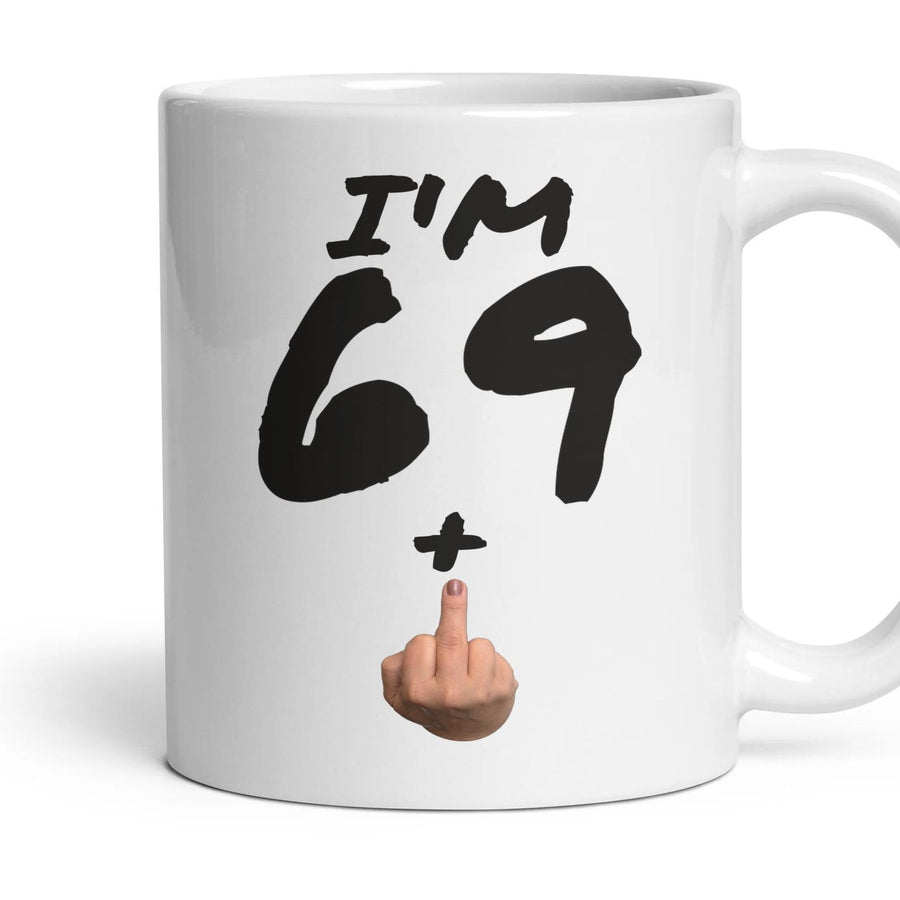 69 + Finger — 70th Birthday Mug, Rude Gift mug, 11oz white ceramic, handle right