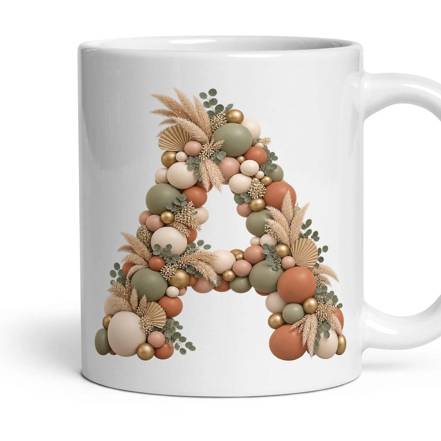 Boho Sage Balloon Initial Mug mug, 11oz white ceramic, A, handle right
