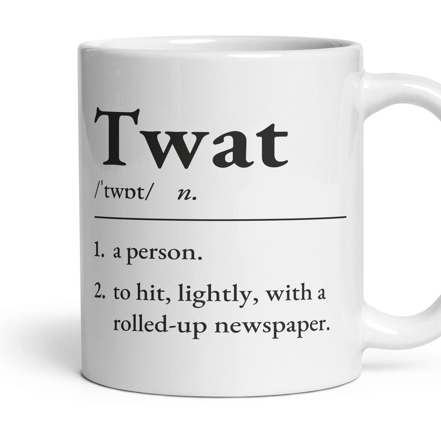Twat mug, 11oz white ceramic, handle right